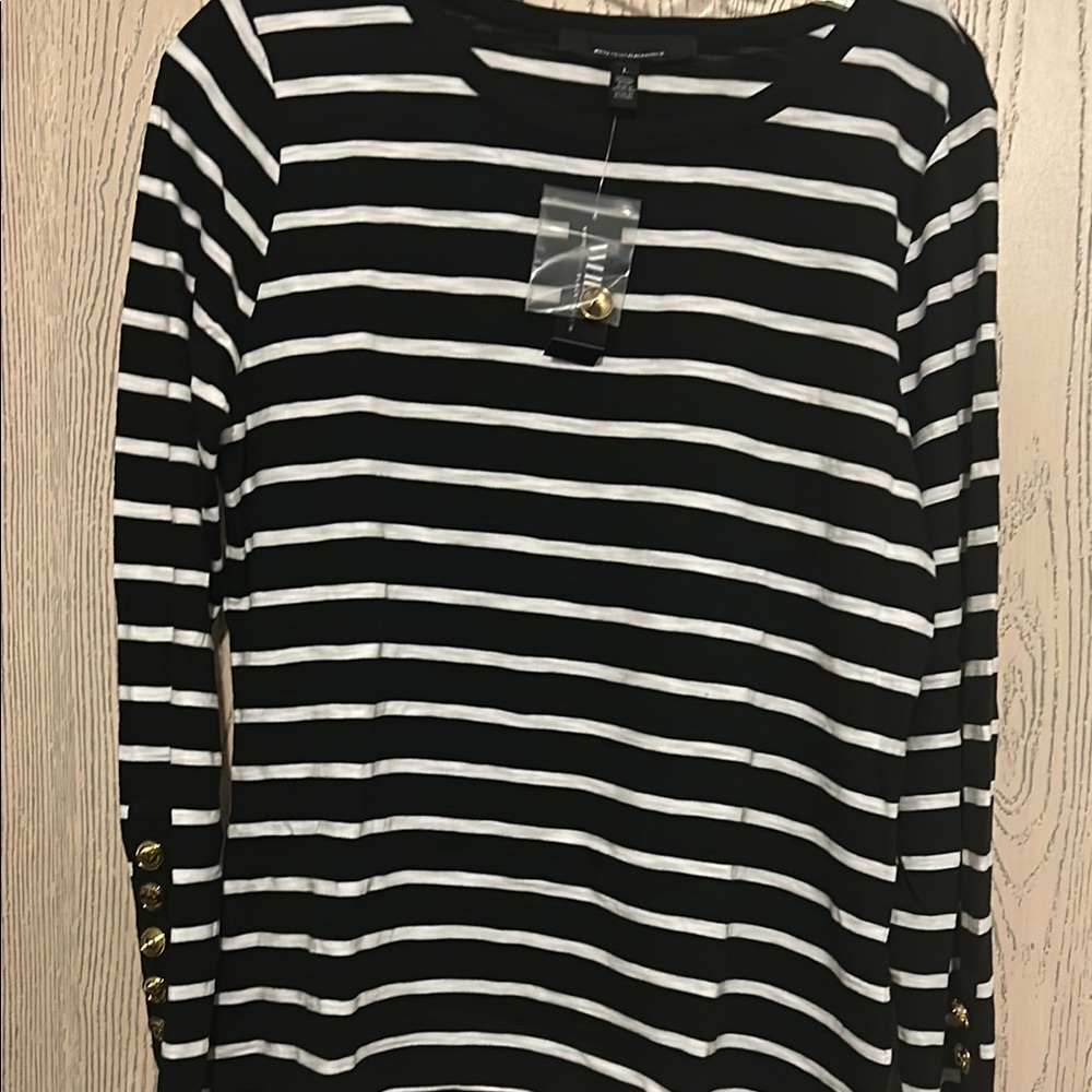 Chic Striped Long Sleeve Top with Gold Accents